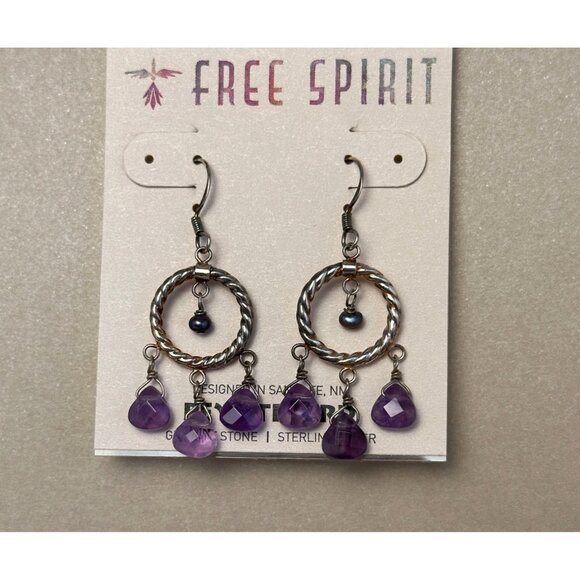 Peyote Bird Boho Gypsy Hoop Earrings Amethyst & Pearl Drops Sterling Silver NWT - Picture 10 of 12